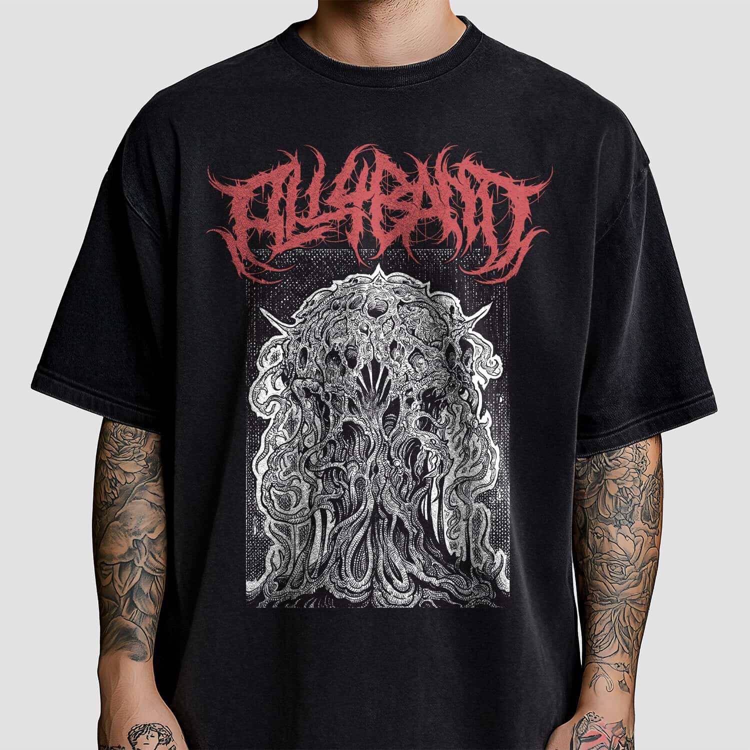 Death metal band shirt design featuring a surreal creepy organic formless structure