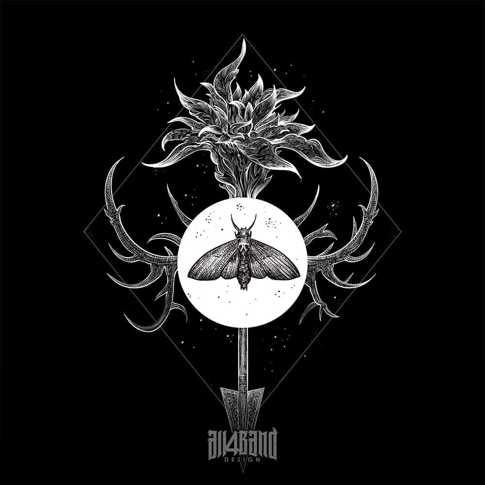 Metal band artwork featuring a symbolic composition with a moth, arrow, and a flower inside a diamond frame