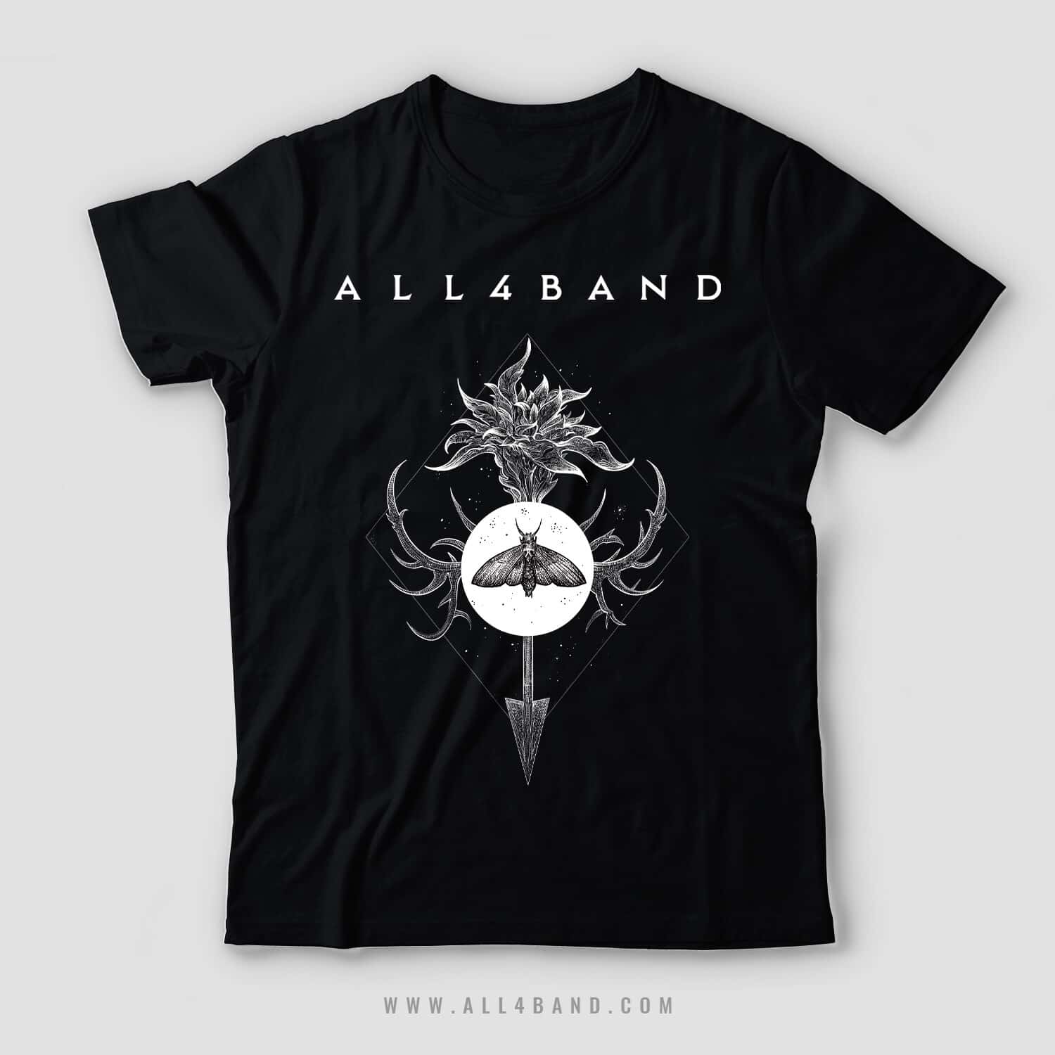 Band shirt design featuring a symbolic composition with a moth, arrow, and a flower inside a diamond frame