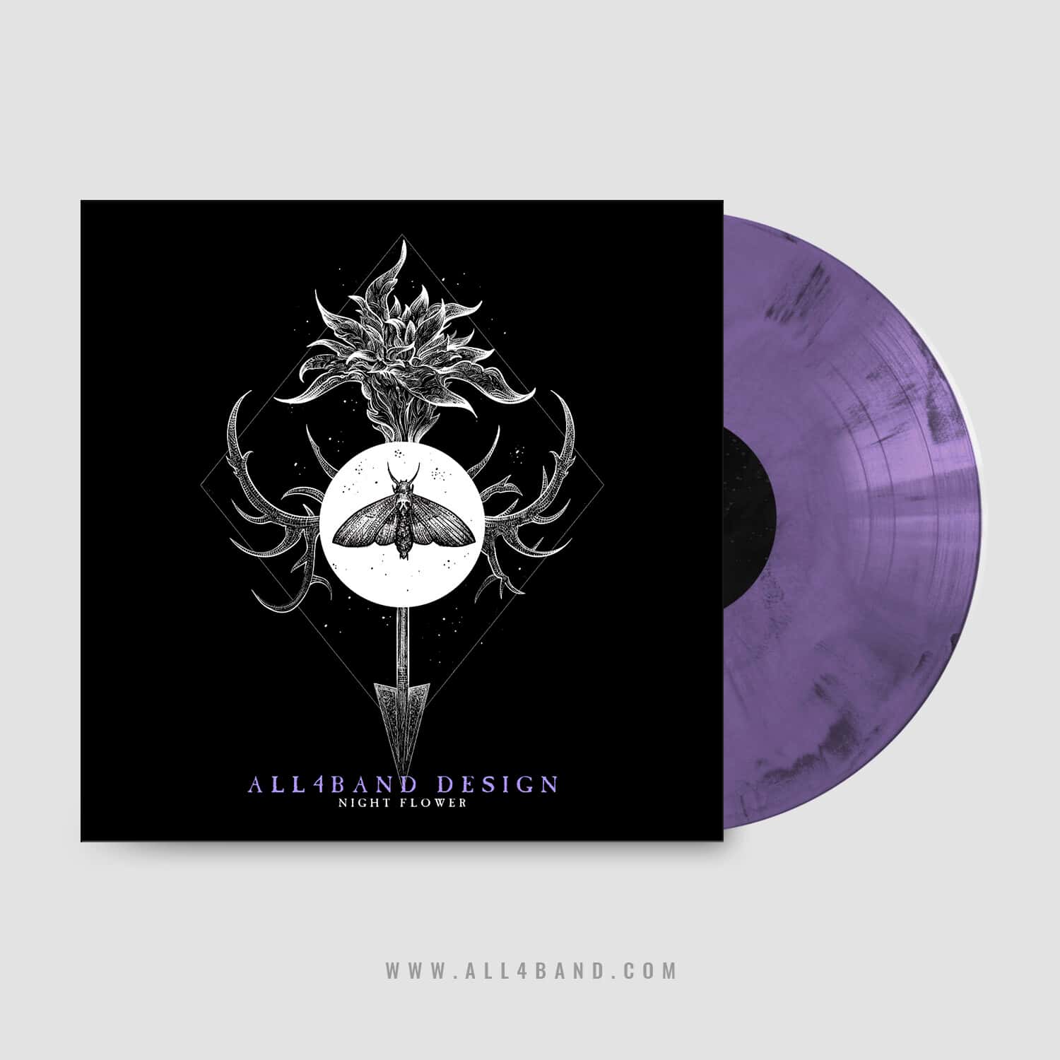Band album artwork featuring a symbolic composition with a moth, arrow, and a flower inside a diamond frame