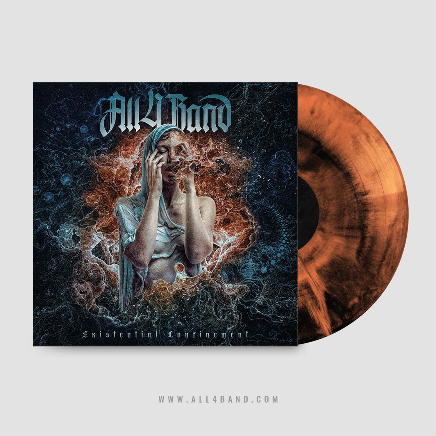 A dark atmospheric metal band album art featuring a distressed female figure surrounded by intricate organic textures