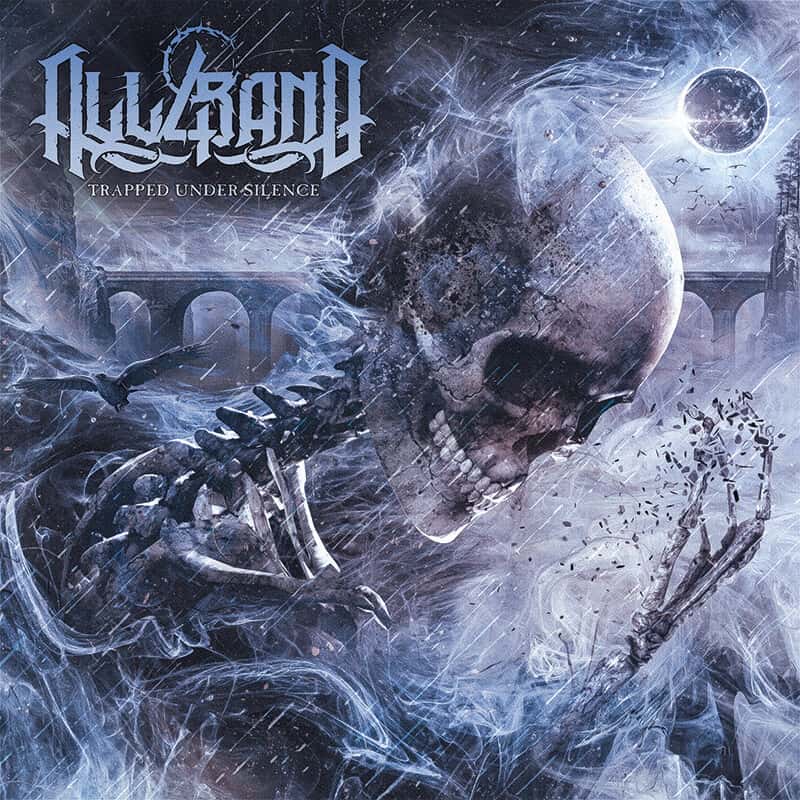 Death metal cover art featuring a storm-swept skeleton disintegrating beneath a dark eclipse in icy blue tones