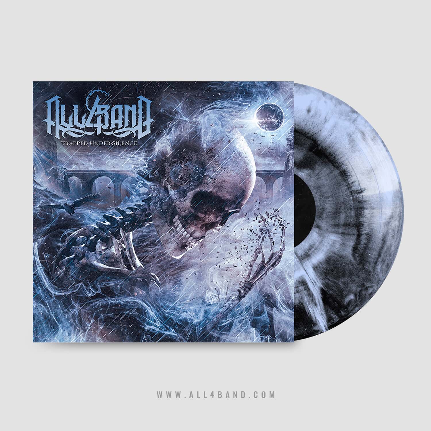 Death metal album artwork featuring a storm-swept skeleton disintegrating beneath a dark eclipse in icy blue tones