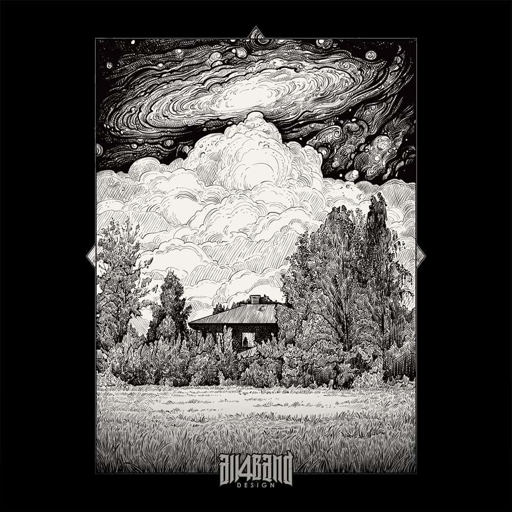 A band artwork featuring a cosmic storm over a solitary house in the woods