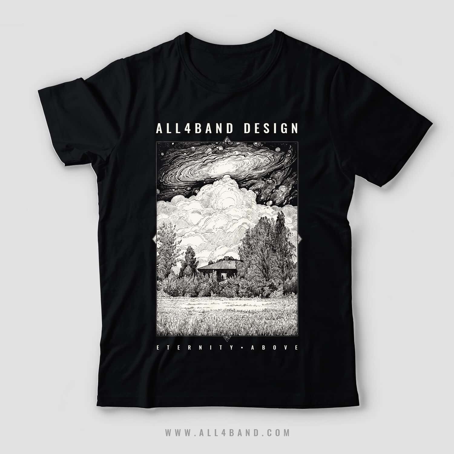 A band shirt design featuring a cosmic storm over a solitary house in the woods