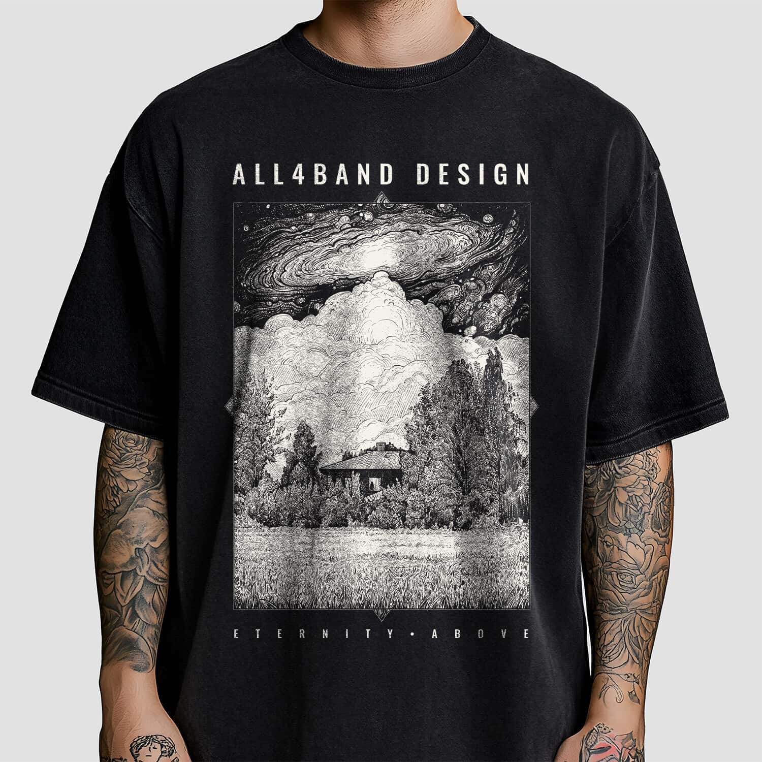 A band shirt design featuring a cosmic storm over a solitary house in the woods