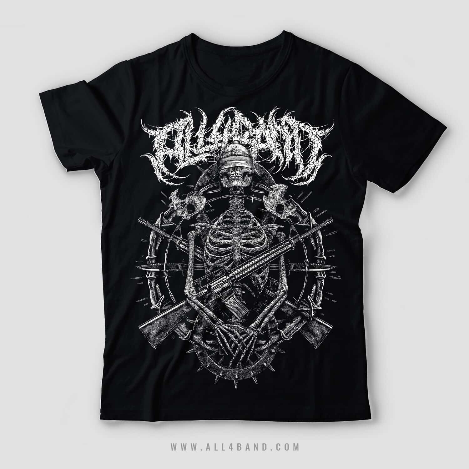Death metal band shirt design featuring a blindfolded skeleton surrounded by rifles, bones, spikes, and bayonets