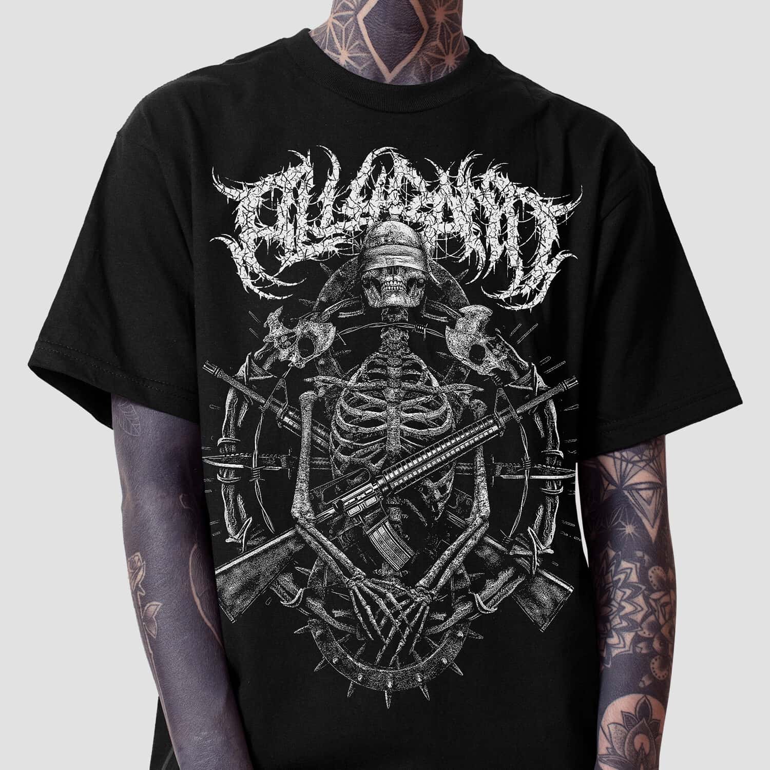 Death metal band shirt design featuring a blindfolded skeleton surrounded by rifles, bones, spikes, and bayonets