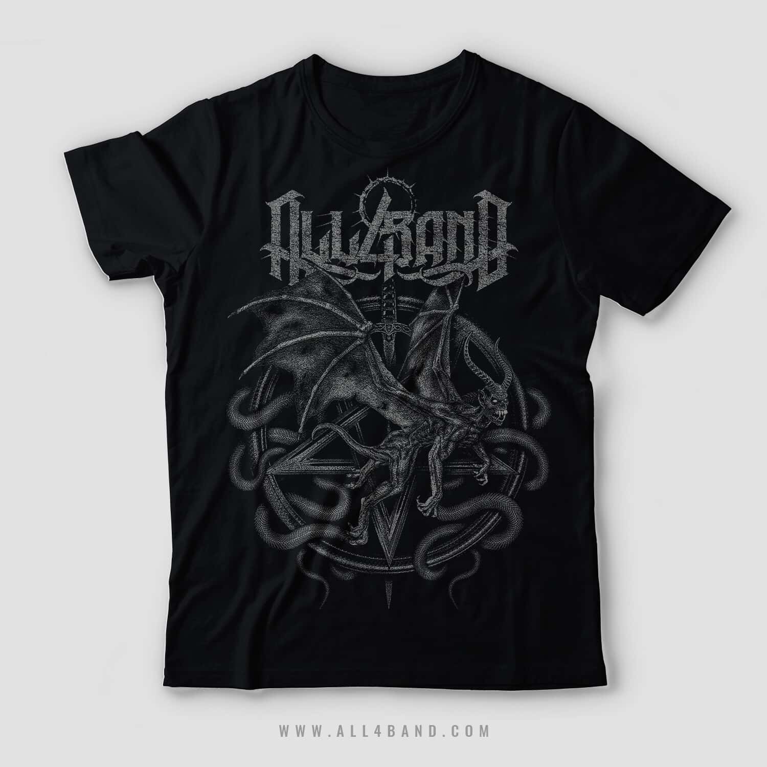 Death metal shirt design featuring a winged demon over a pentagram and coiled serpents
