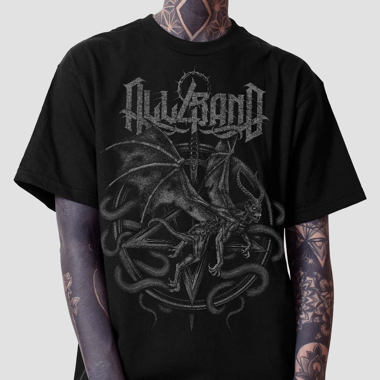 Death metal shirt design featuring a winged demon over a pentagram and coiled serpents