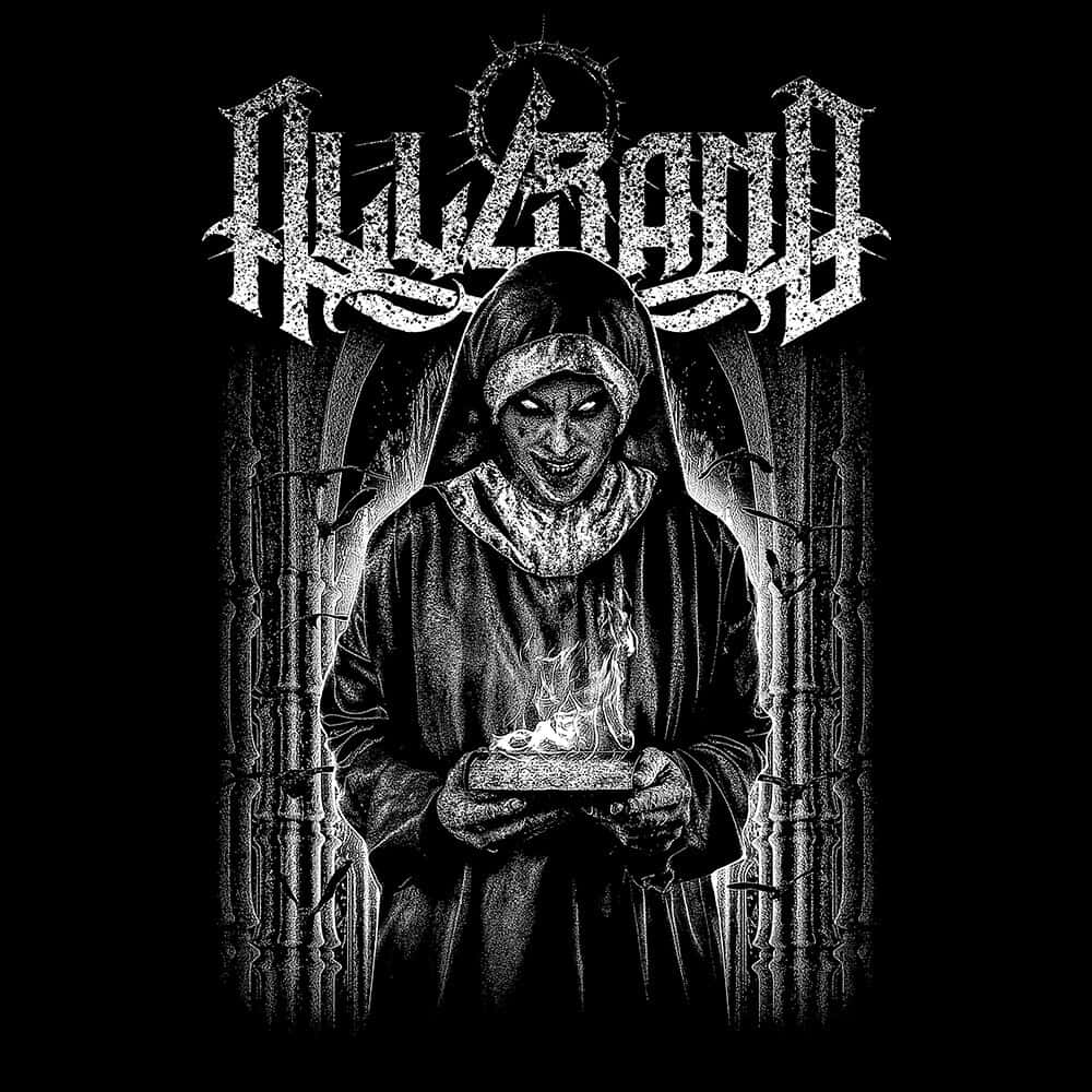 Death metal artwork featuring a sinister hooded nun holding a burning book