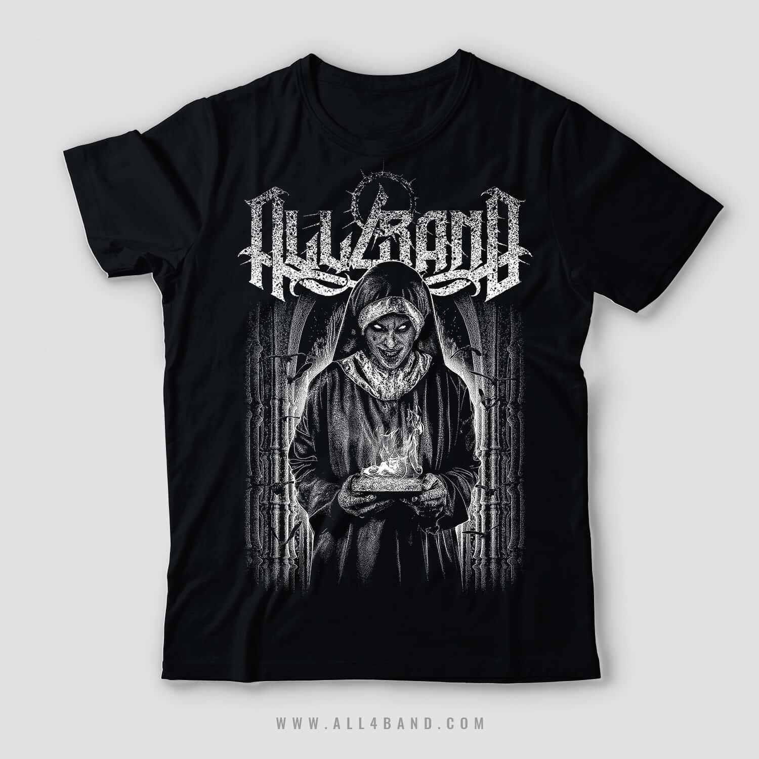 Death metal shirt design featuring a sinister hooded nun holding a burning book