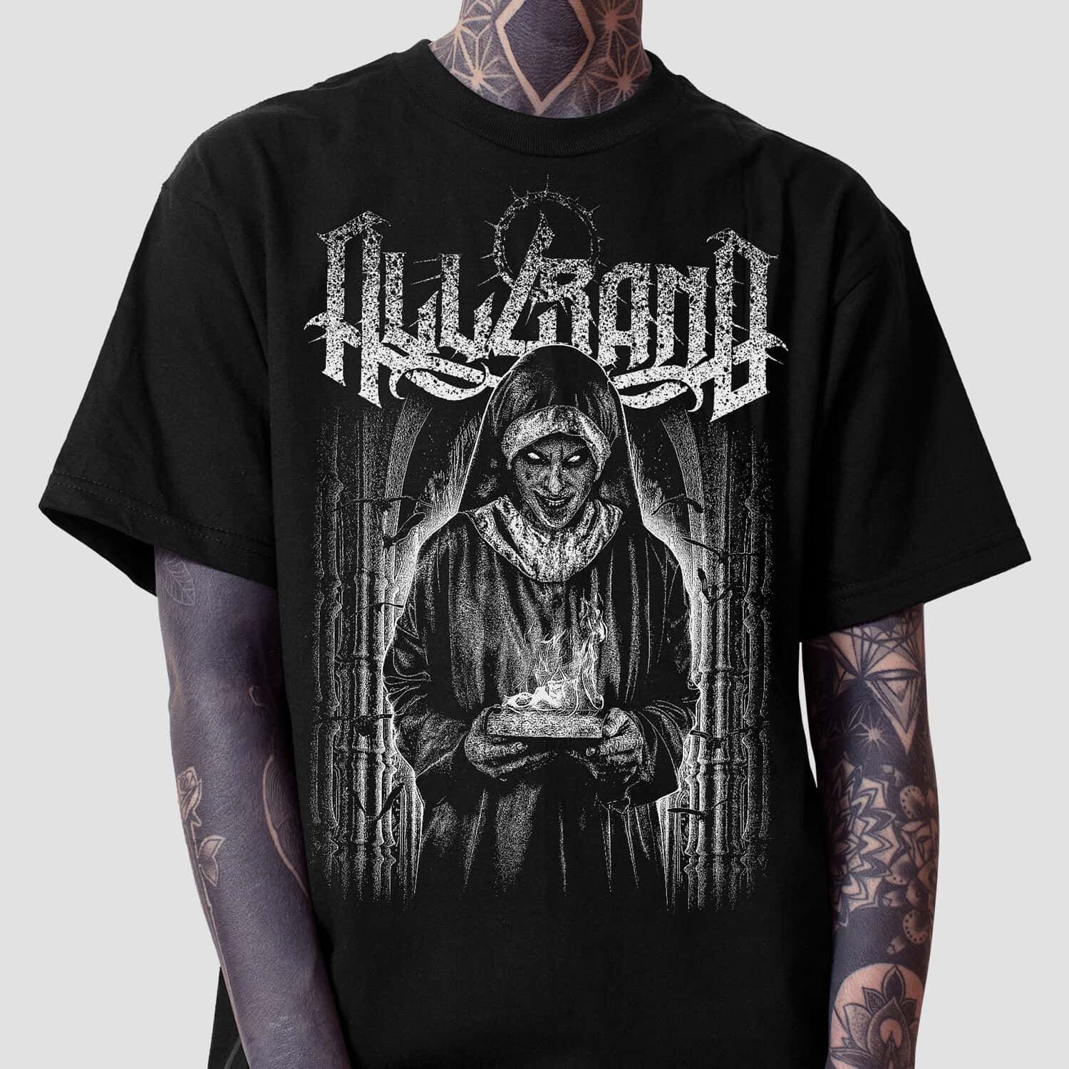 Death metal shirt design featuring a sinister hooded nun holding a burning book