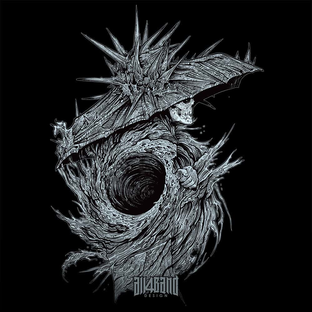 Band artwork featuring a surreal creature wrapped around a dark central vortex with a sharp umbrella hat.