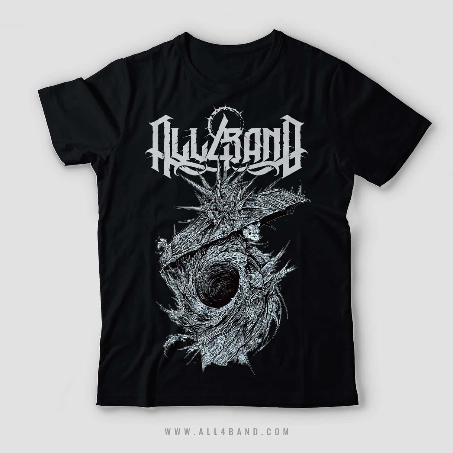 A band shirt design featuring a surreal creature wrapped around a dark central vortex with a sharp umbrella hat.