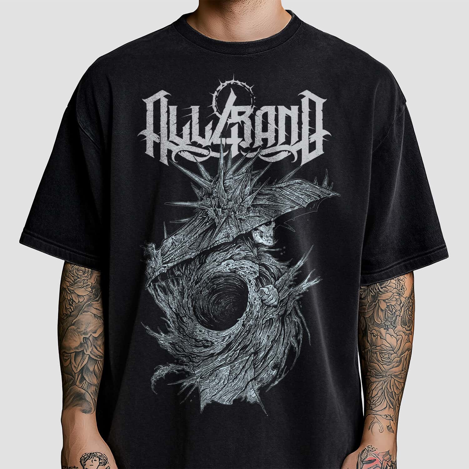 A band shirt design featuring a surreal creature wrapped around a dark central vortex with a sharp umbrella hat.