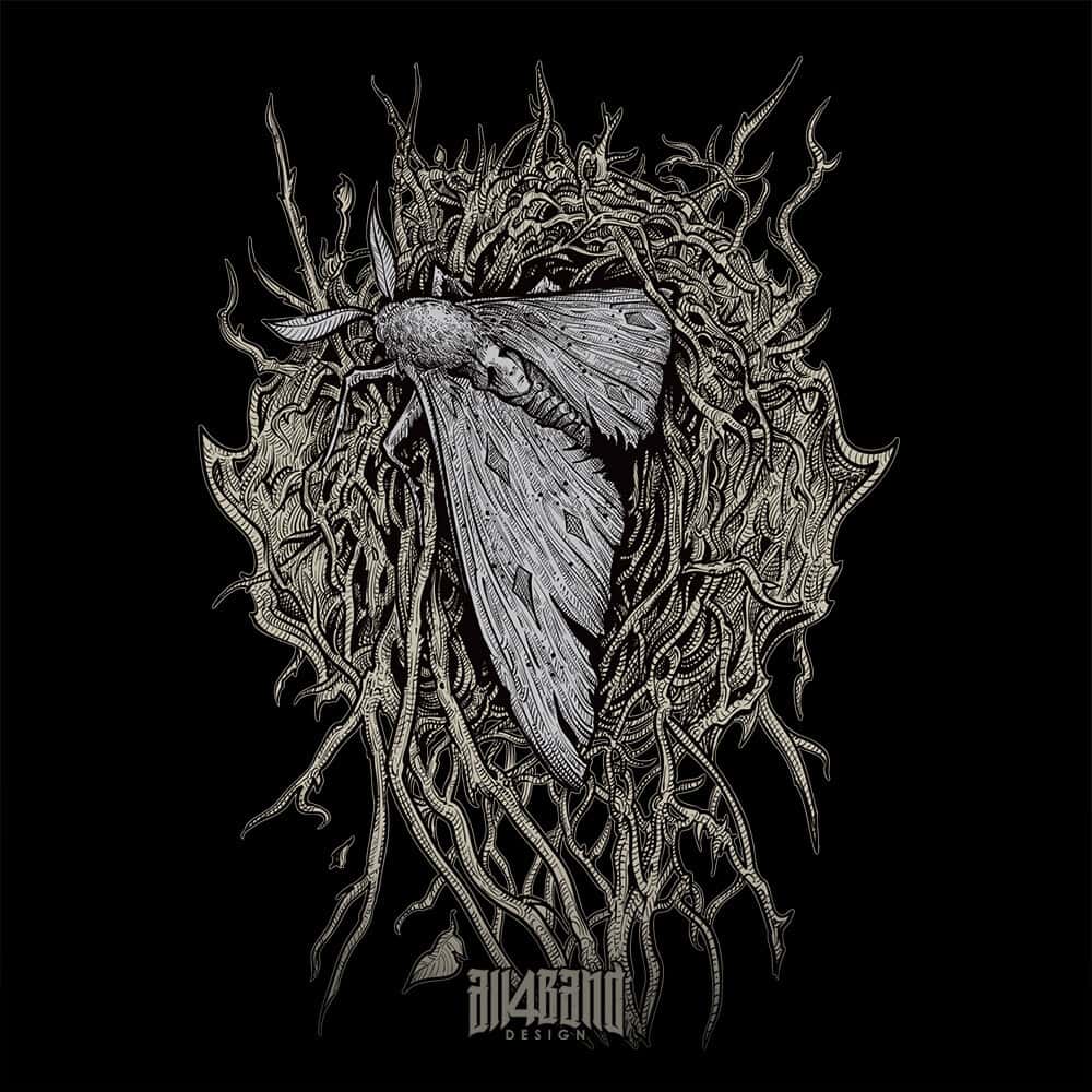 Band artwork featuring a large moth with a face-like pattern on its back, surrounded by tangled roots and thorns