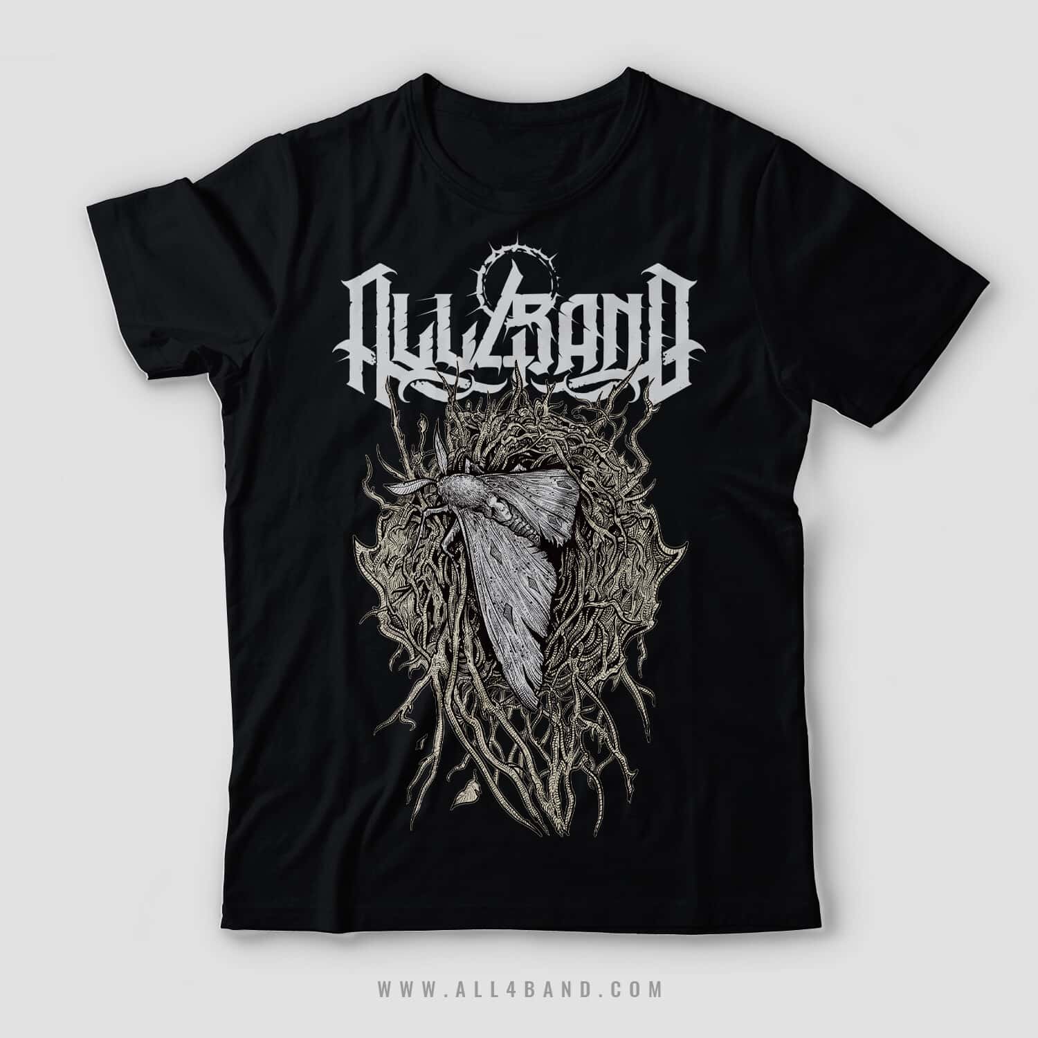 Band shirt design featuring a large moth with a face-like pattern on its back, surrounded by tangled roots and thorns