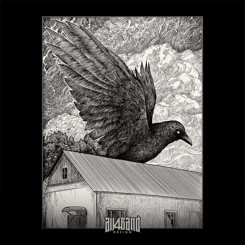 Detailed black and white illustration of a giant raven flying over a rural house beneath dense swirling clouds.
