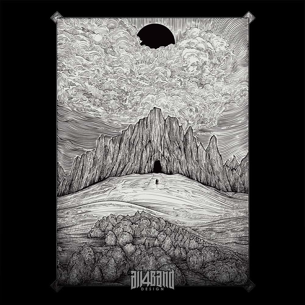 Black and white illustration featuring a lone figure approaching a dark mountain beneath a black sun and dramatic clouds.