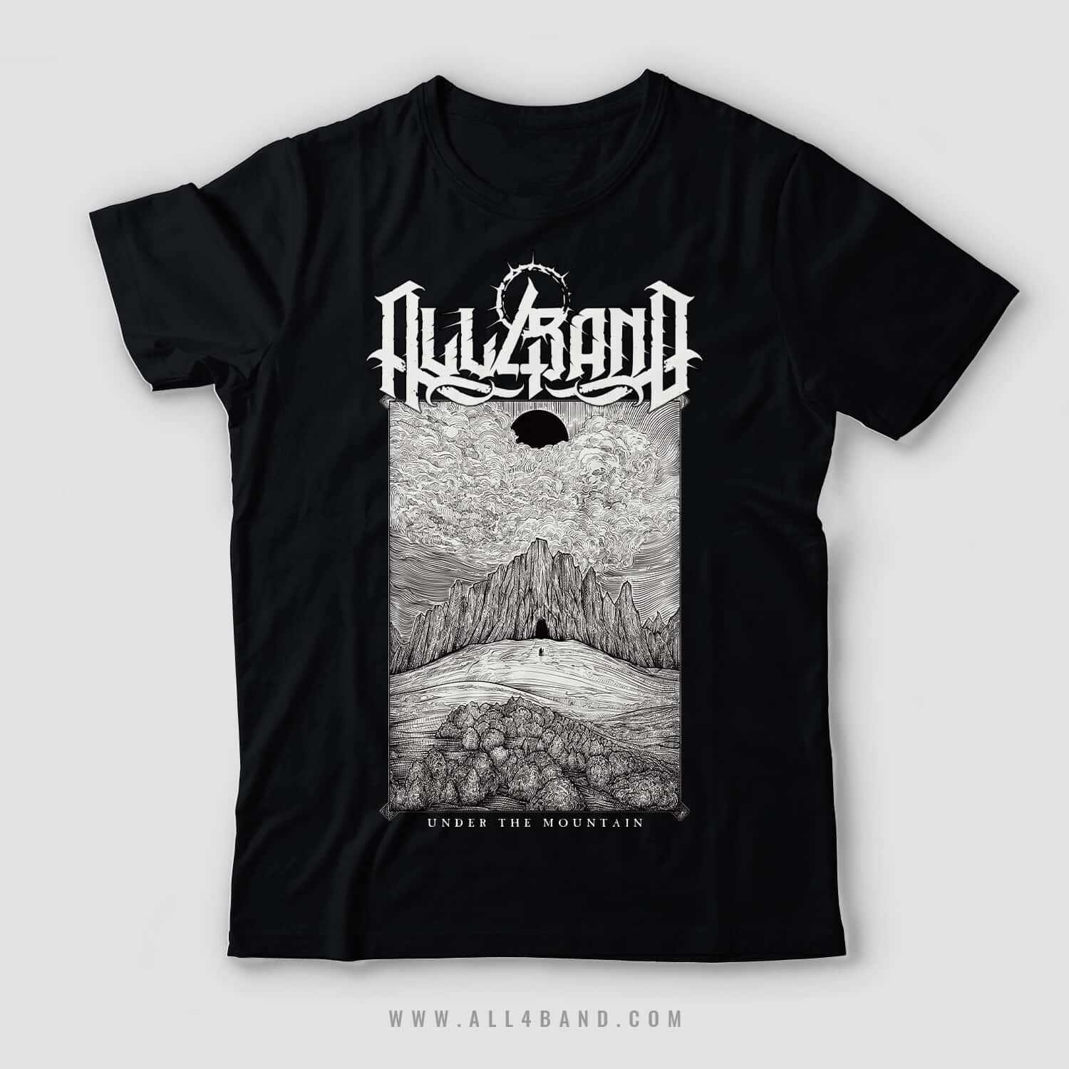 Black and white shirt design featuring a lone figure approaching a dark mountain beneath a black sun and dramatic clouds.