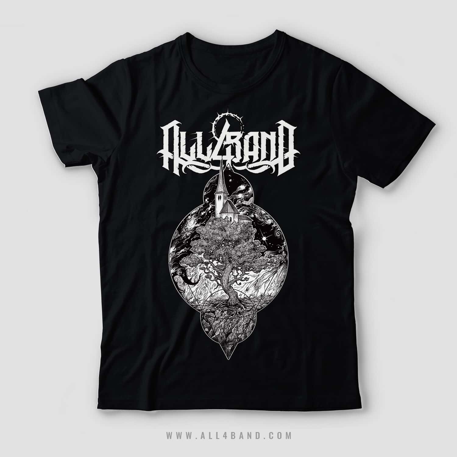 Black and white shirt design featuring a large ancient tree beneath a church surrounded by stars and swirling cosmic clouds.