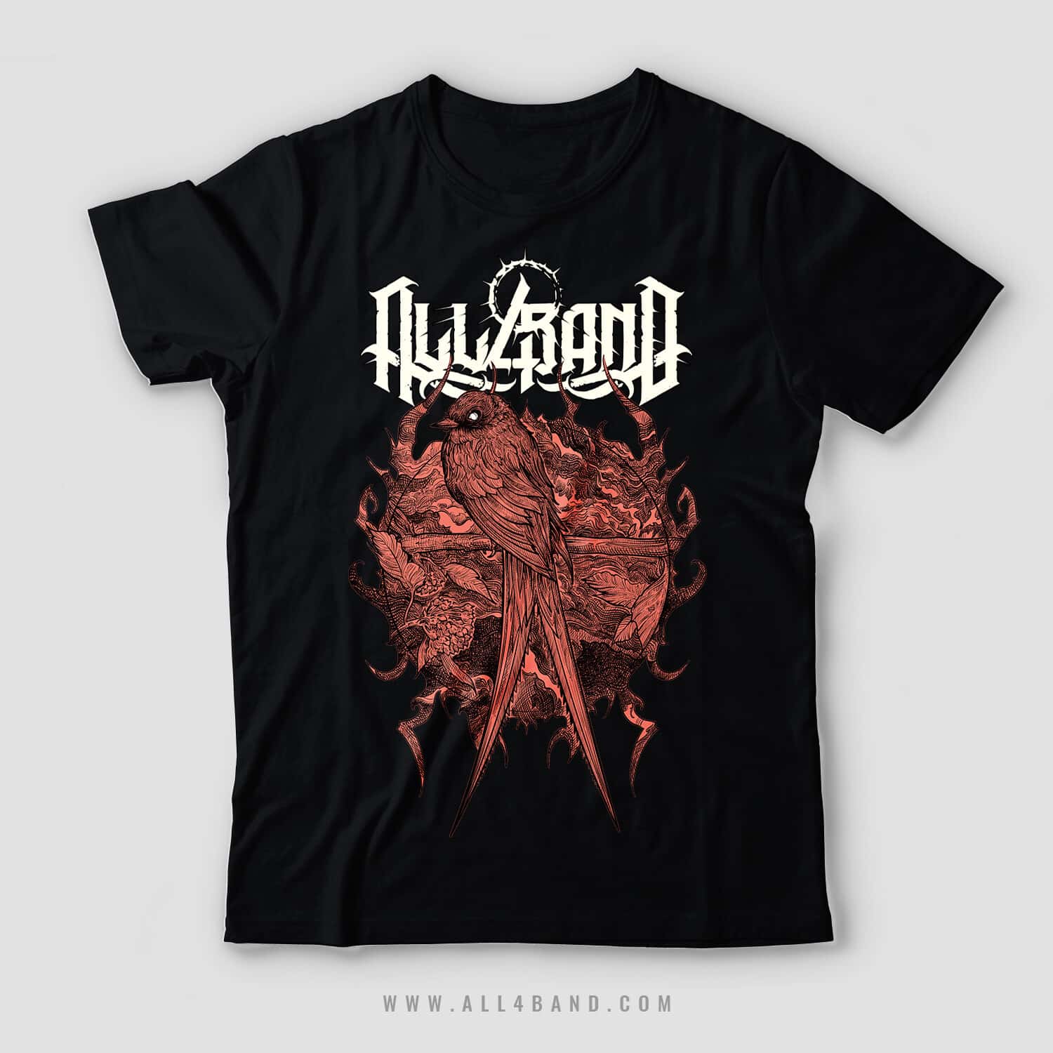 Detailed red ink shirt design of a long-tailed bird perched among twisted branches and organic ornamental forms.