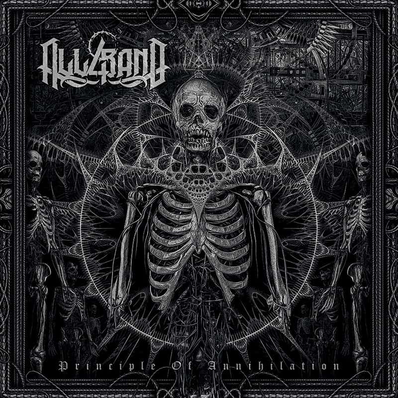 Black-and-white metal artwork featuring a human skeleton surrounded by symmetrical skeletal forms, occult geometry, spiderweb-like patterns, and ornate gothic framing.