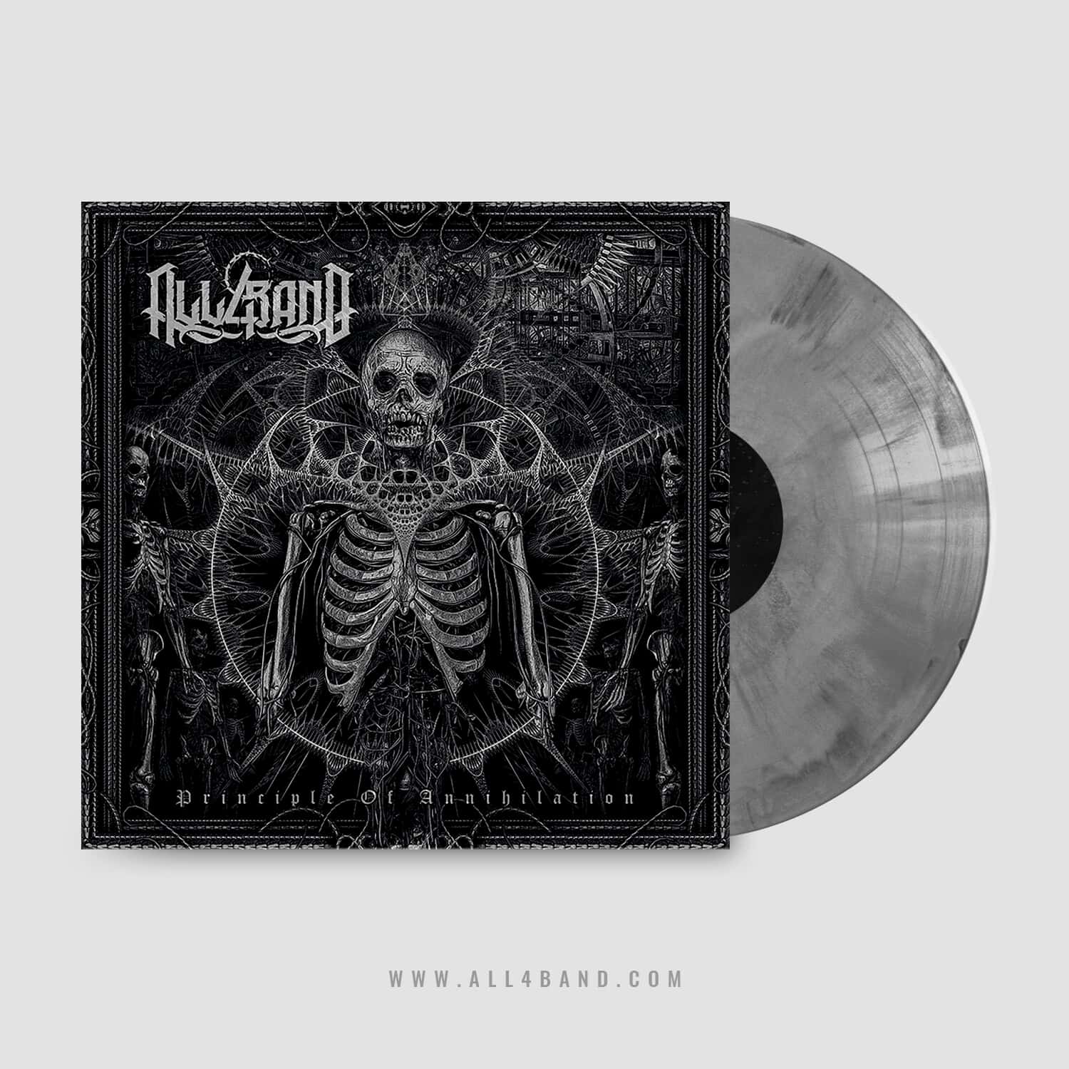 Black-and-white metal album art featuring a human skeleton surrounded by symmetrical skeletal forms, occult geometry, spiderweb-like patterns, and ornate gothic framing.
