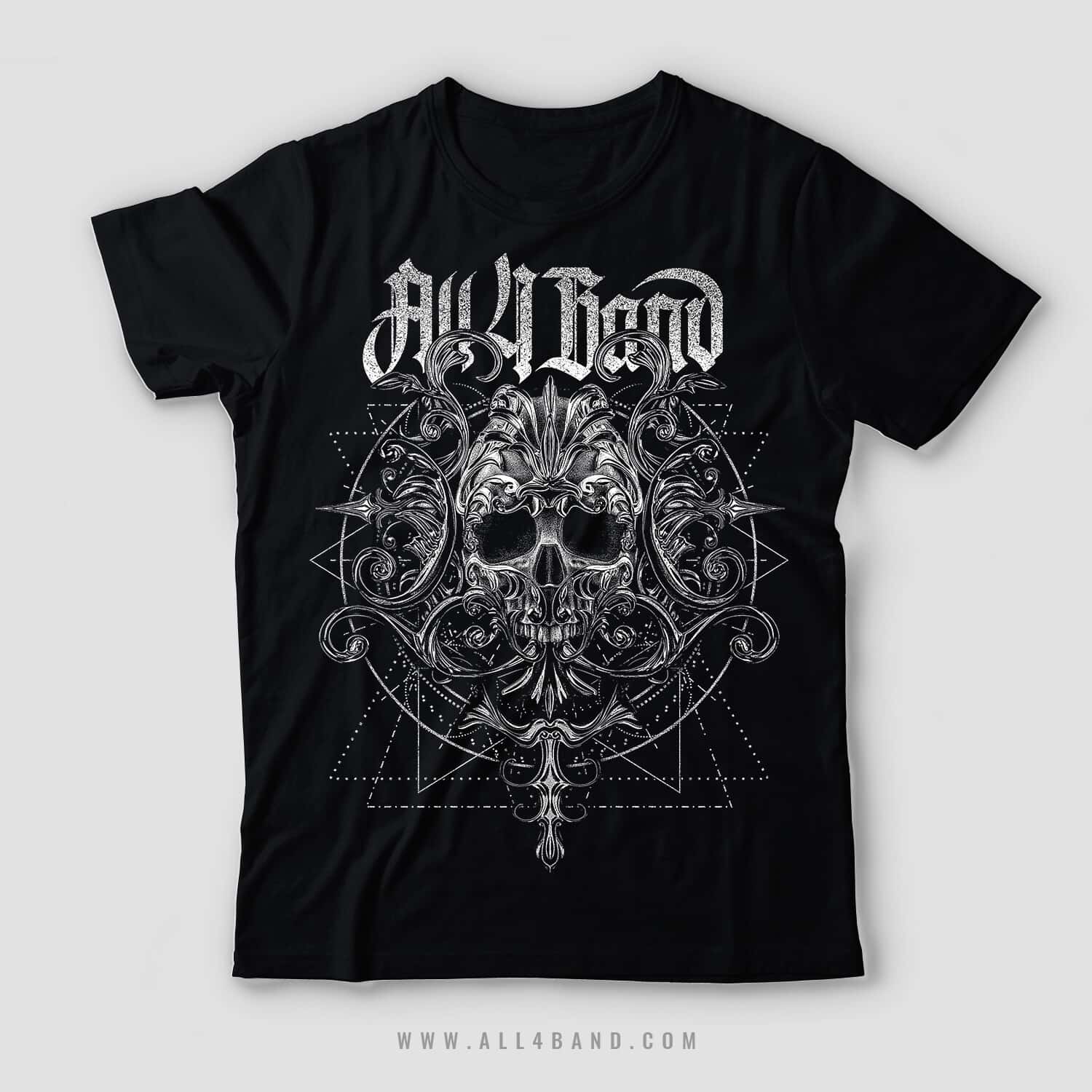 Black and white metal band shirt design featuring an ornate skull, baroque flourishes, and geometric patterns