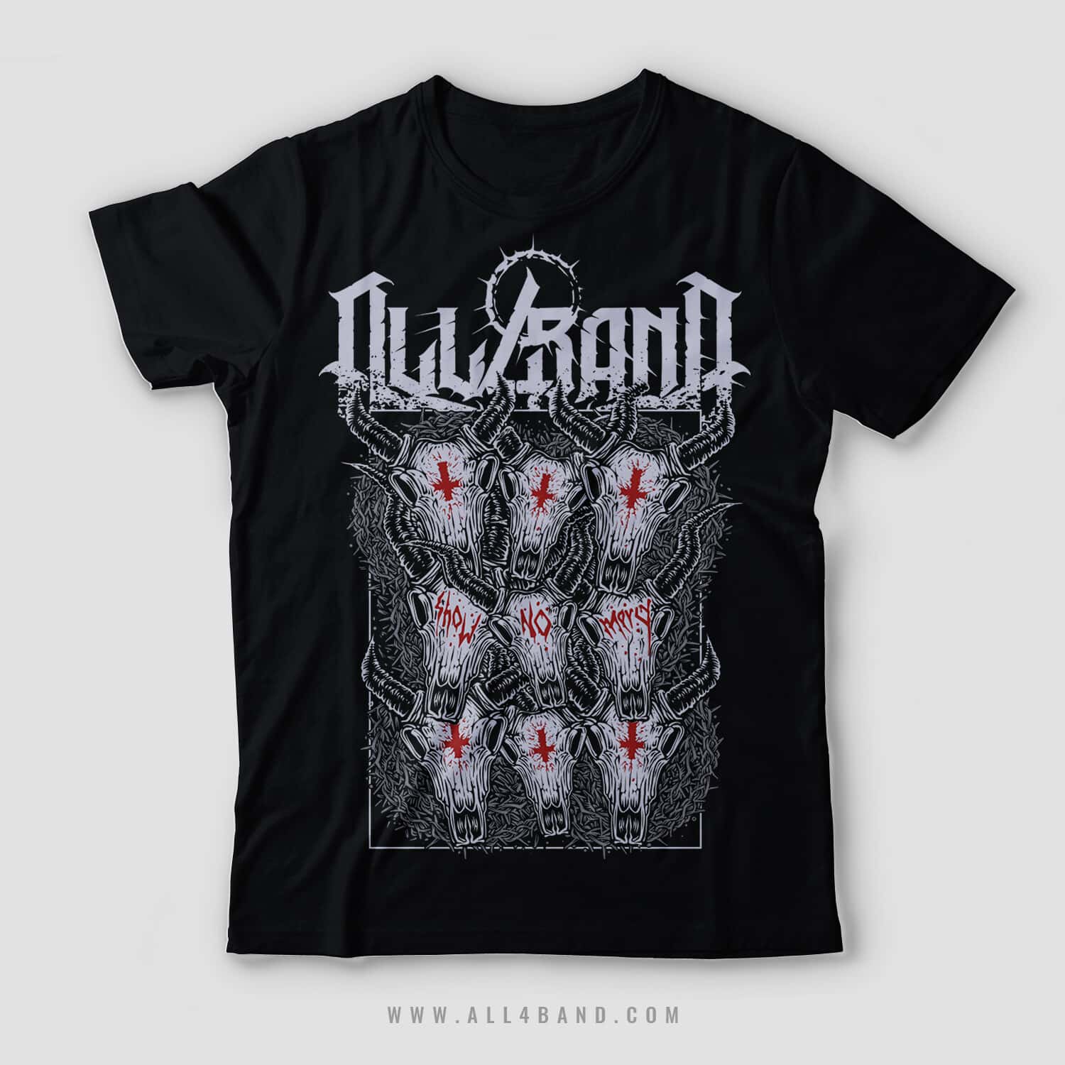 Deathcore band shirt design featuring bull skulls with inverted crosses