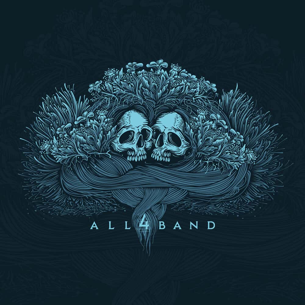 Metal band artwork featuring two skulls overgrown with wildflowers