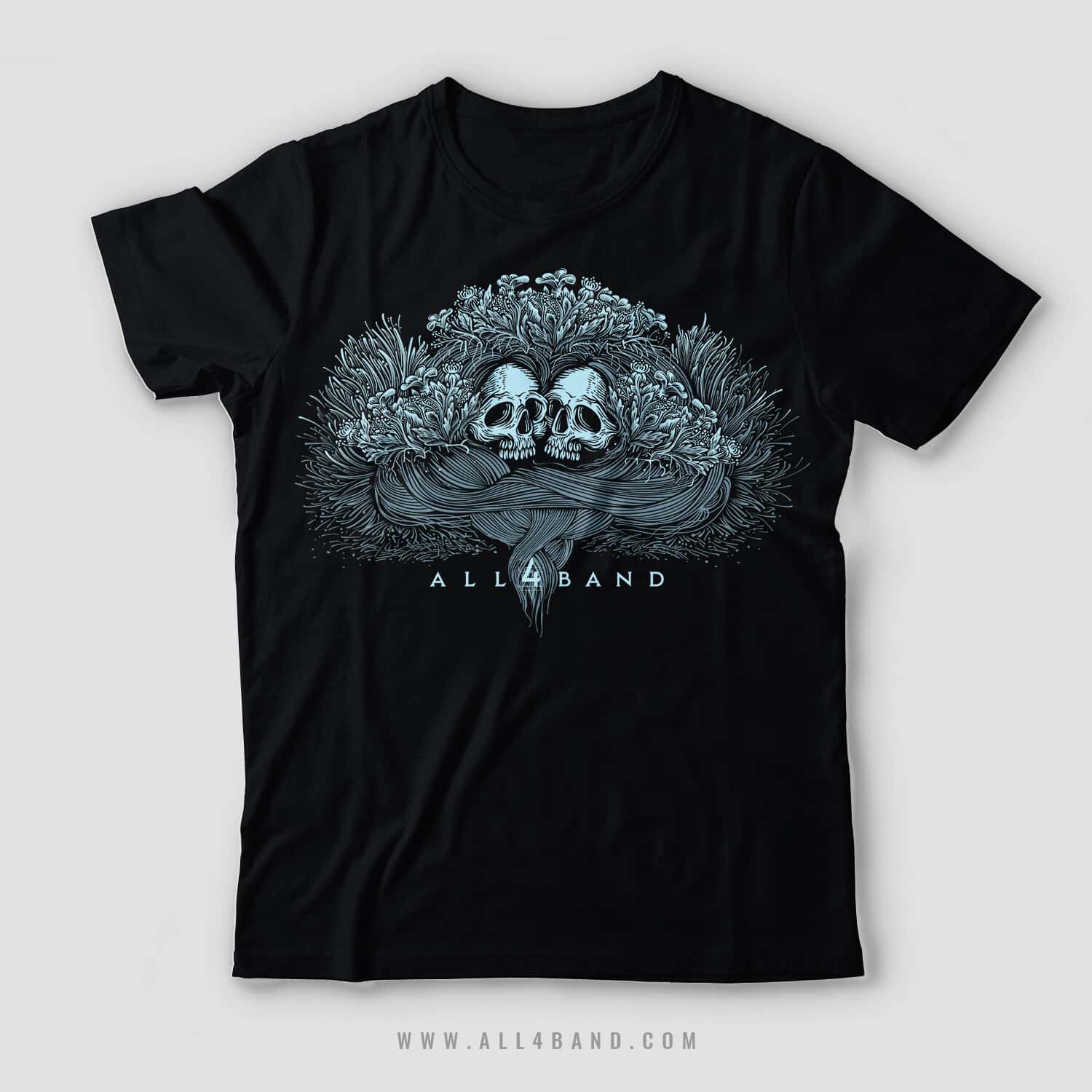 Metal band artwork featuring two skulls overgrown with wildflowers