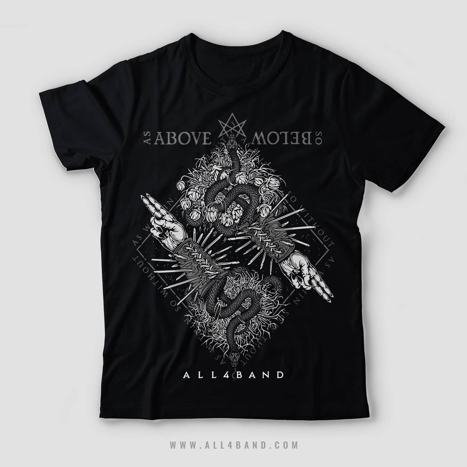Satanic metal band shirt design titled As Above So Below