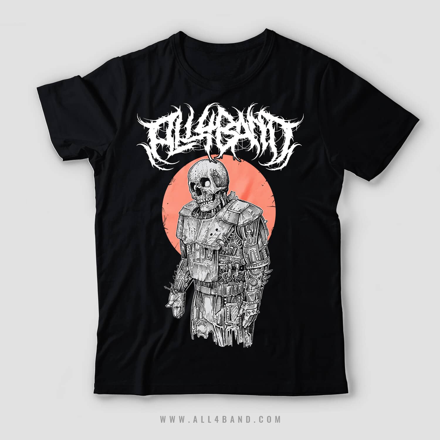 Metal band shirt design featuring a robot with a human skull