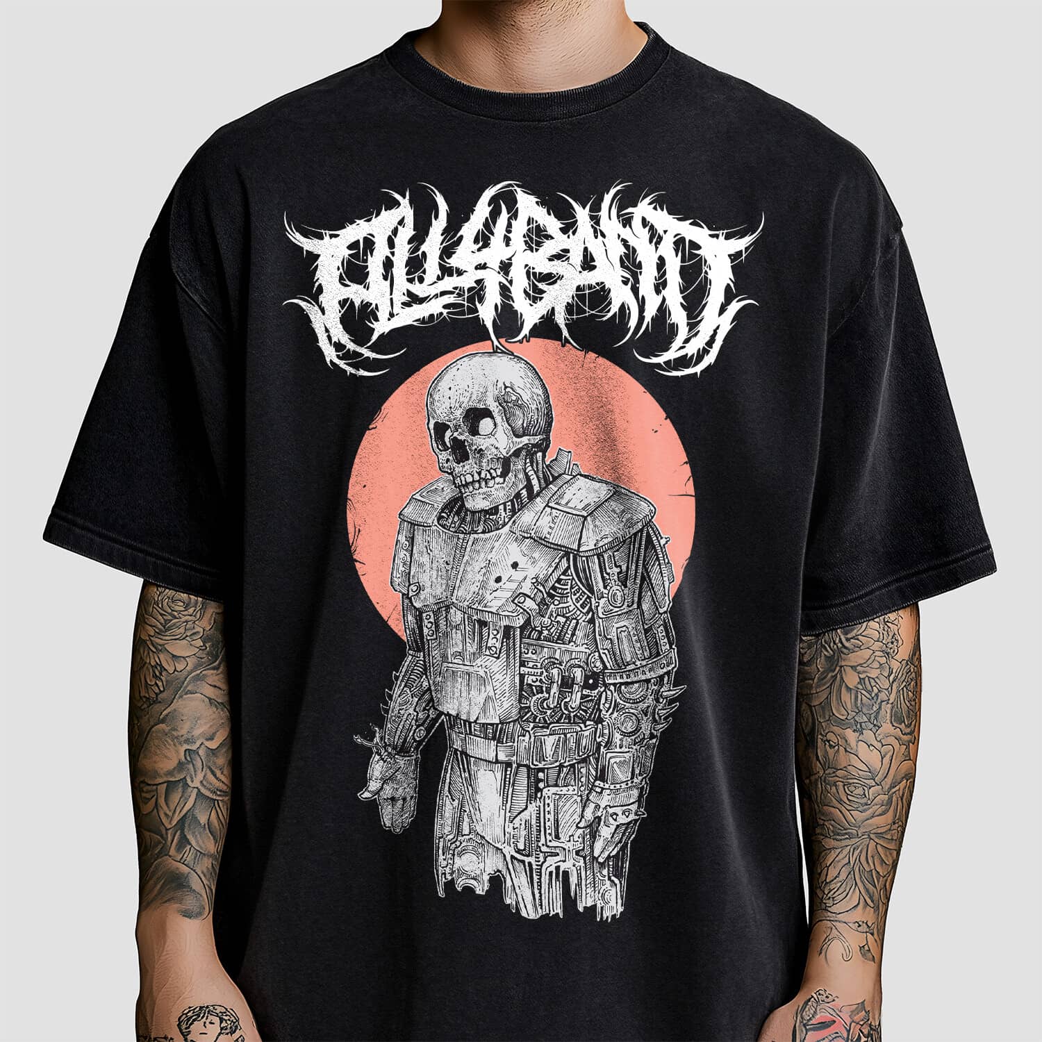 Metal band shirt design featuring a robot with a human skull