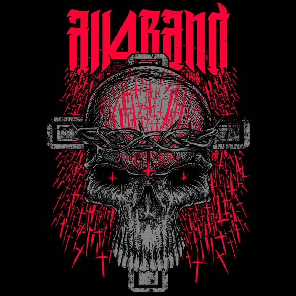 Black, grey and red band artwork featuring a skull wrapped in a crown of thorns over a cross, surrounded by inverted crosses.