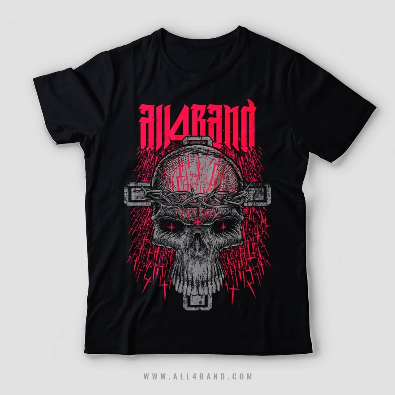 Black, grey and red band shirt design featuring a skull wrapped in a crown of thorns over a cross, surrounded by inverted crosses.