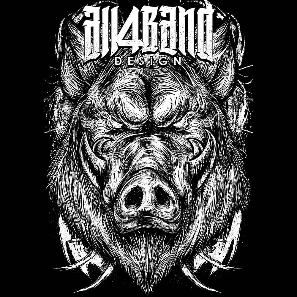 Black and white metal band artwork featuring a fierce wild boar head with tusks