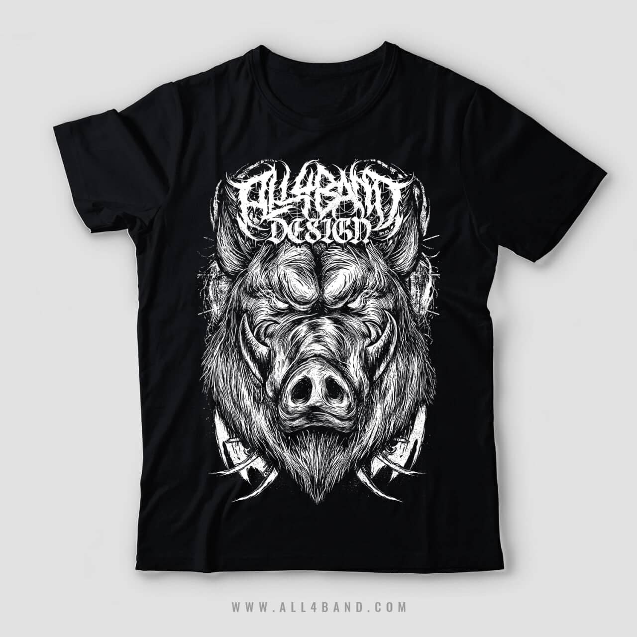 Black and white metal band shirt design featuring a fierce wild boar head with tusks