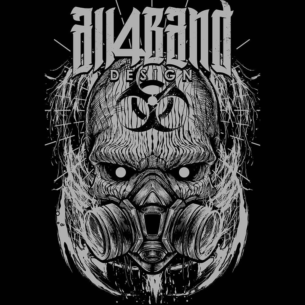 Post-apocalyptic band artwork featuring hooded figure in a gas mask with a biohazard symbol on the forehead
