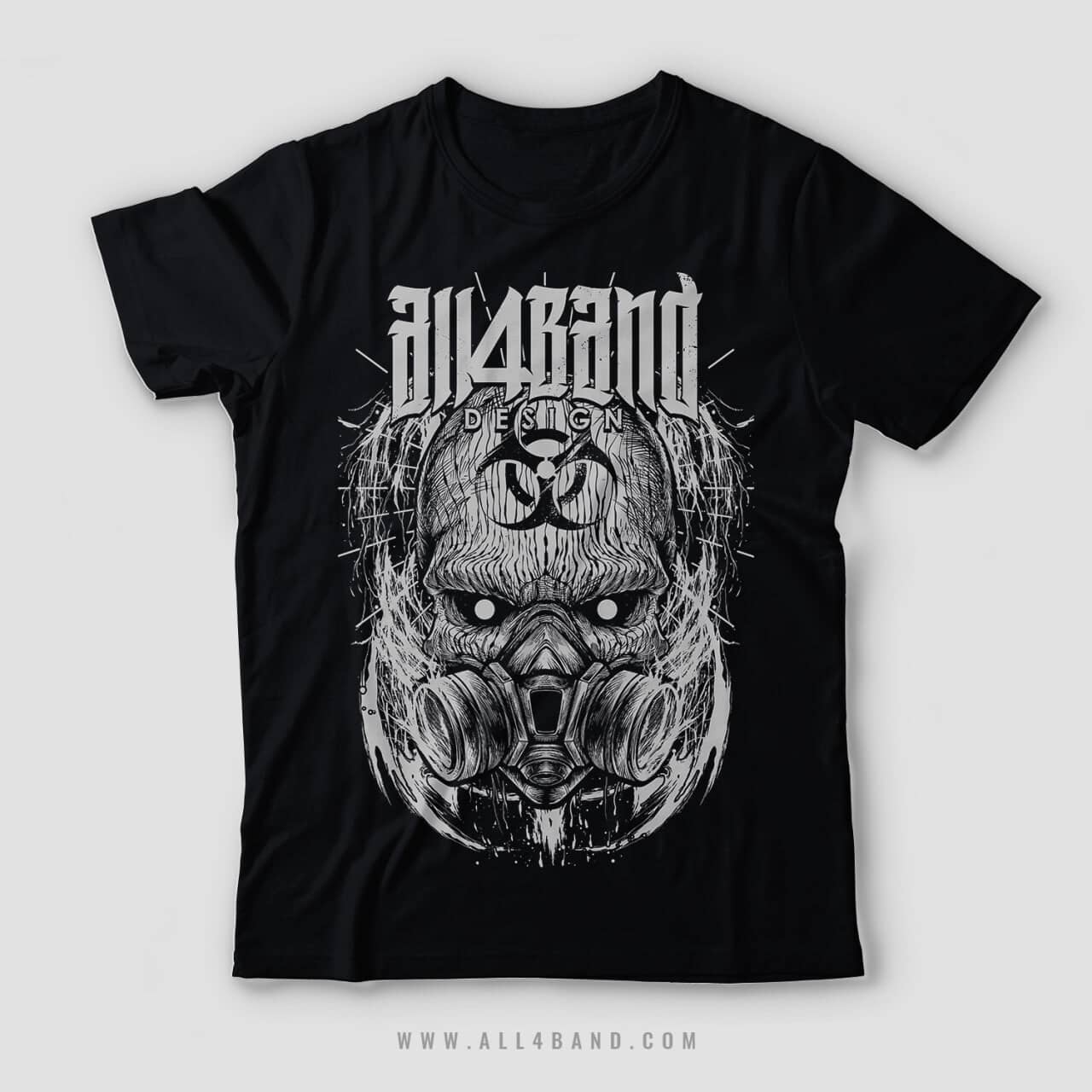 Post-apocalyptic band shirt design featuring hooded figure in a gas mask with a biohazard symbol on the forehead