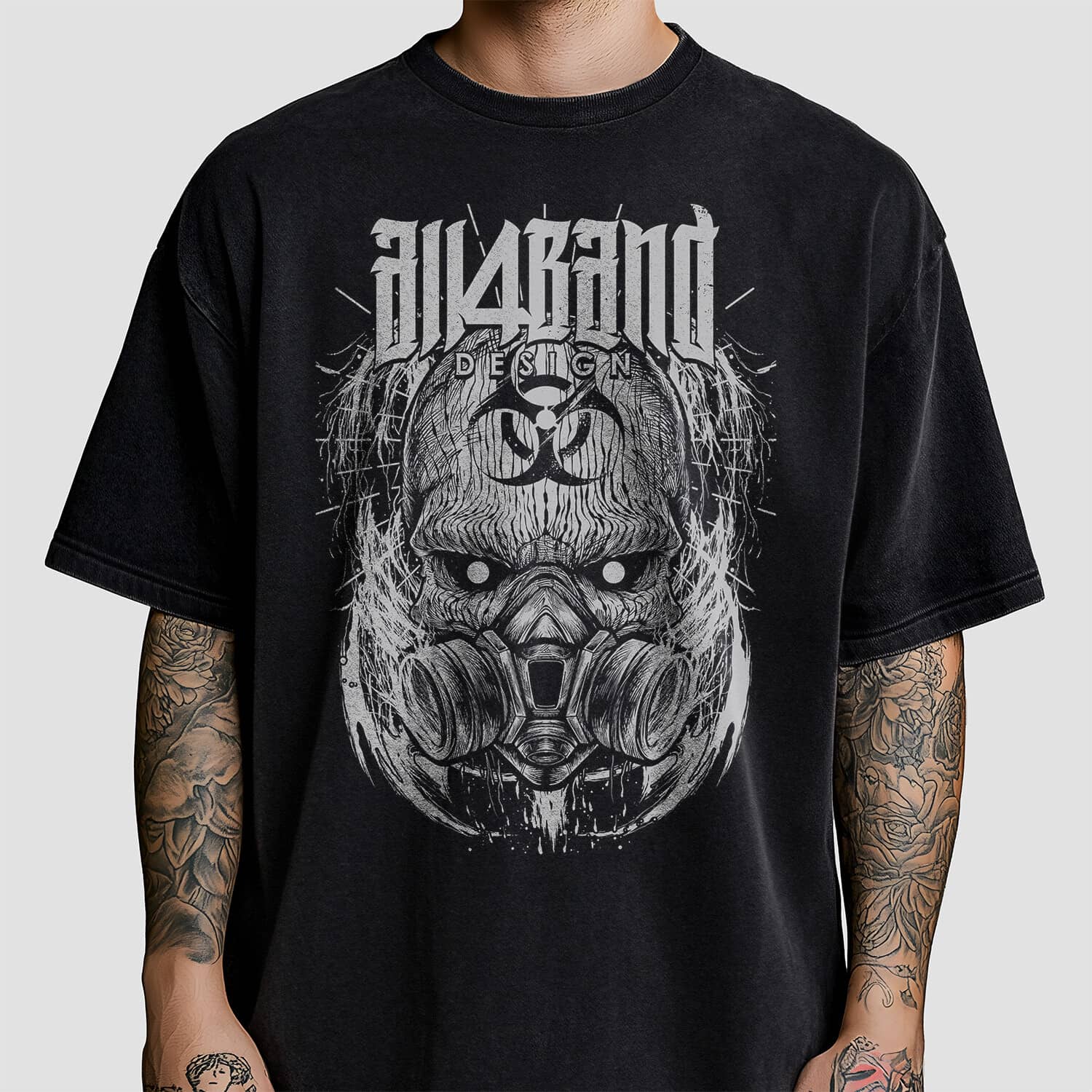 Post-apocalyptic band shirt design featuring hooded figure in a gas mask with a biohazard symbol on the forehead