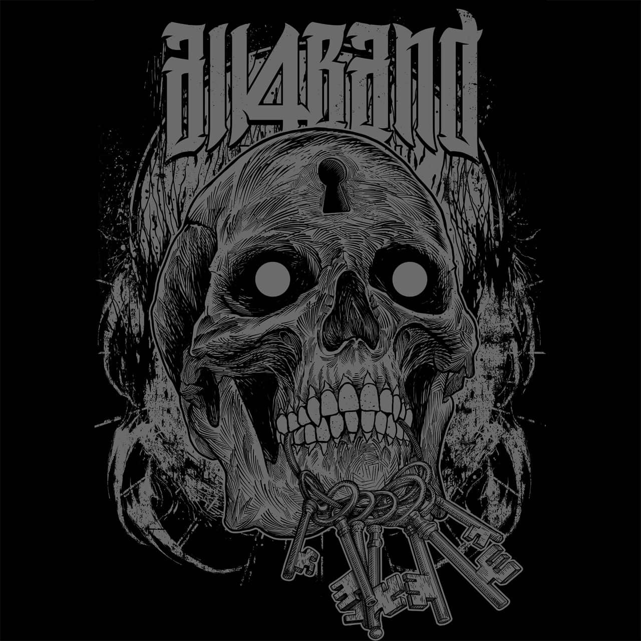 Band artwork featuring a detailed skull with hollow eyes, a keyhole in its forehead and a bundle of antique keys in its mouth.