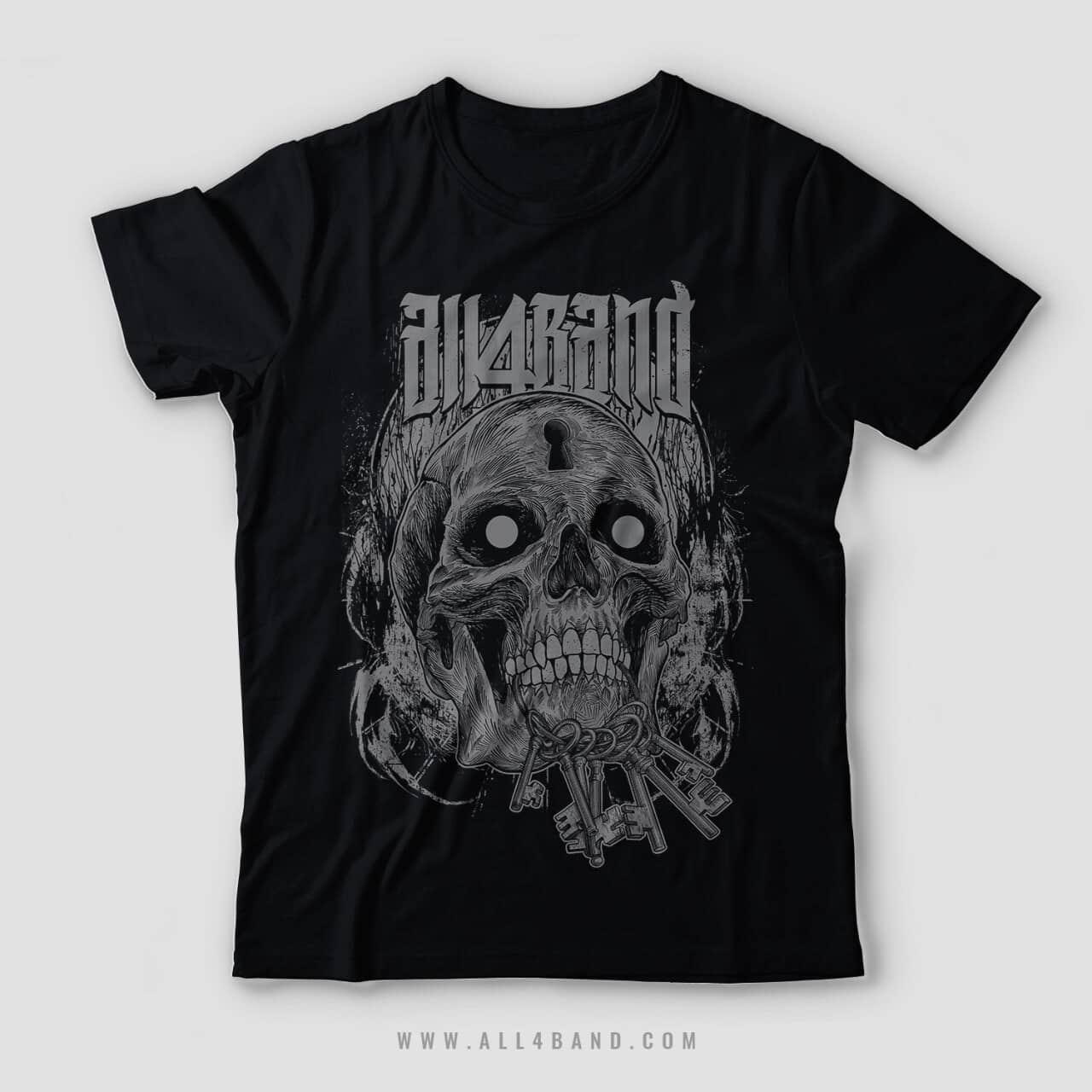 Band shirt design featuring a detailed skull with hollow eyes, a keyhole in its forehead and a bundle of antique keys in its mouth.