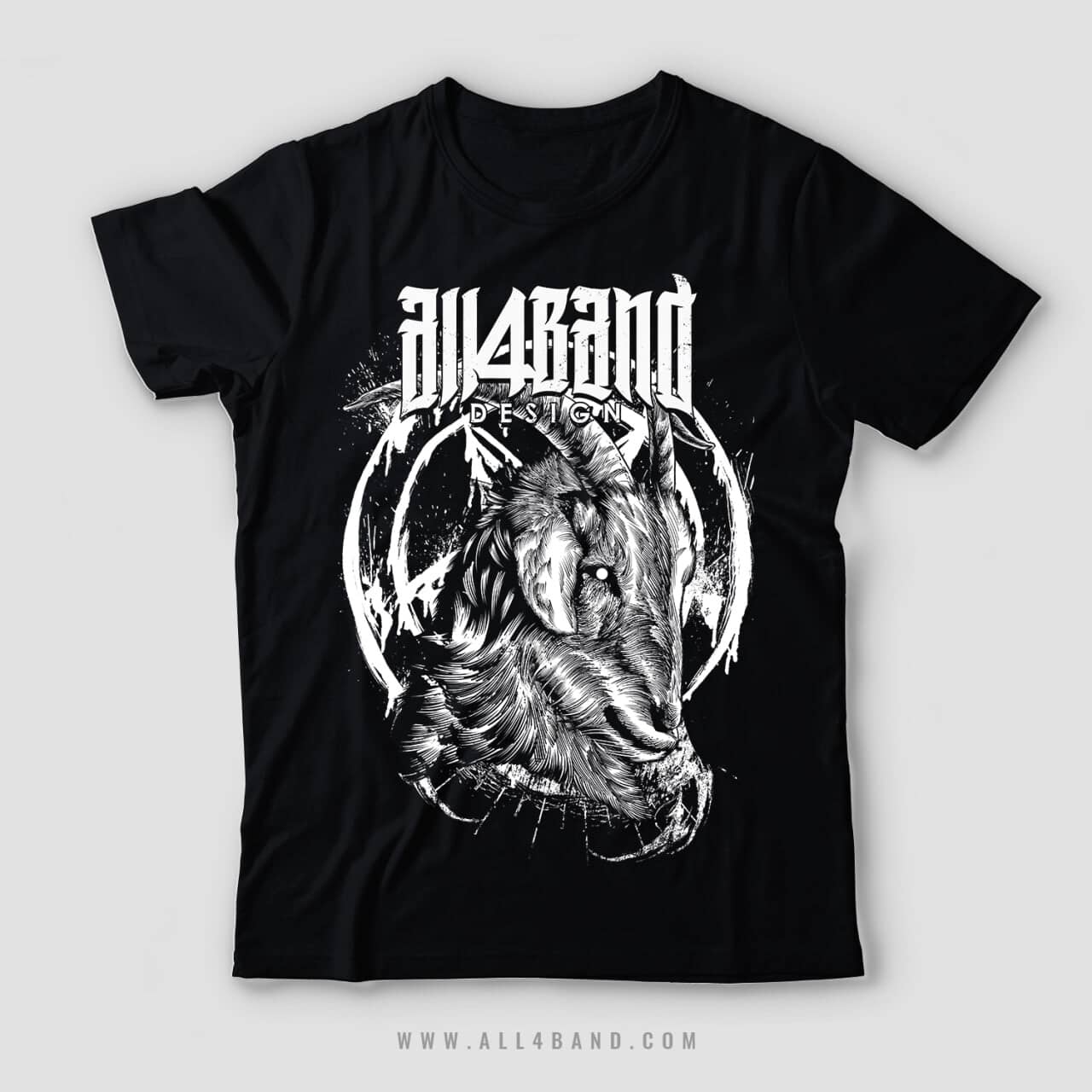 Black-and-white band shirt design featuring a goat in profile with a distressed circular background.