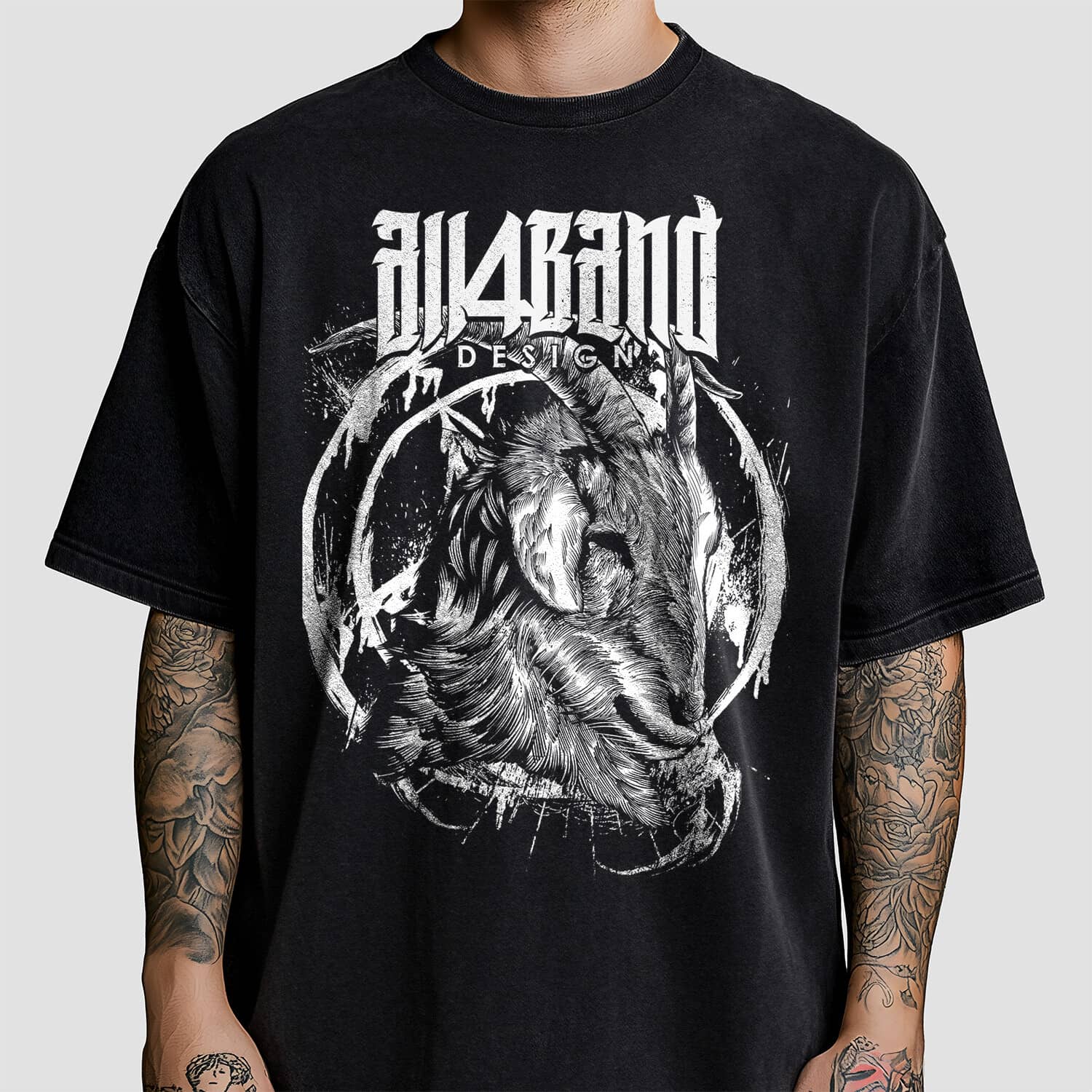 Black-and-white band shirt design featuring a goat in profile with a distressed circular background.