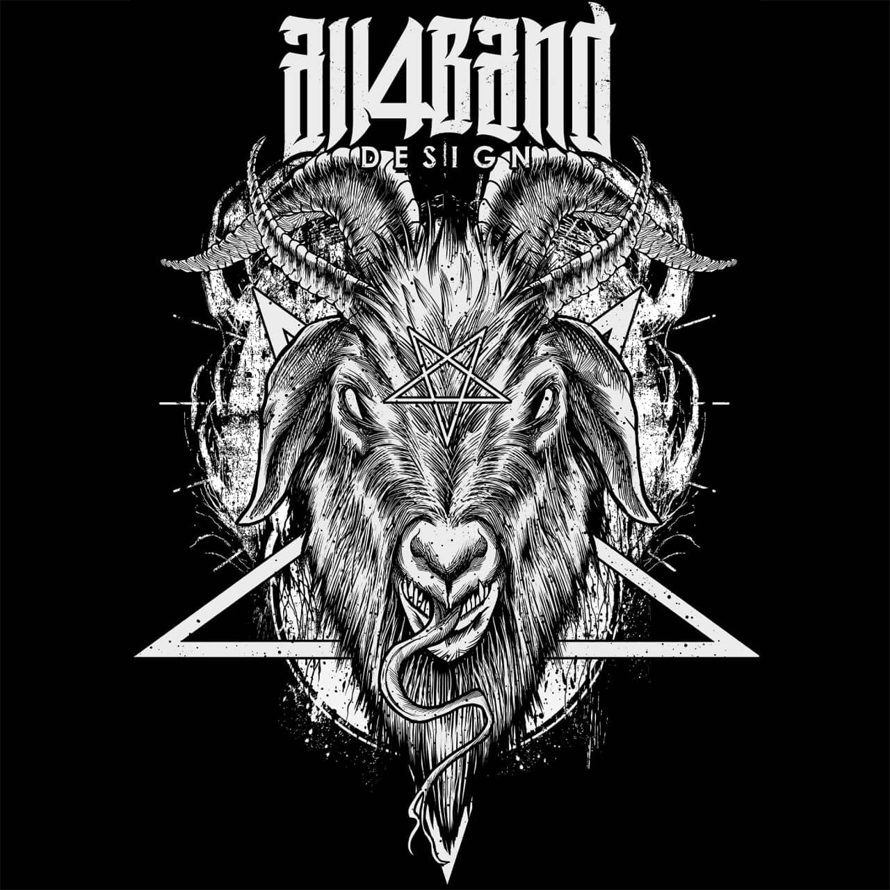 Black and white occult band artwork featuring a horned goat with a pentagram in the background.