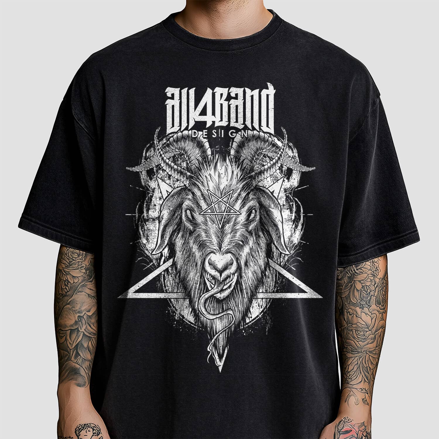 Black and white occult band shirt design featuring a horned goat with a pentagram in the background.
