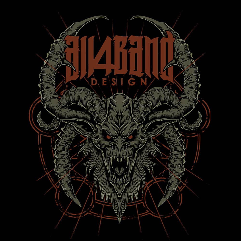 Death metal artwork featuring a demonic skull with curling horns and occult geometric symbols in the background